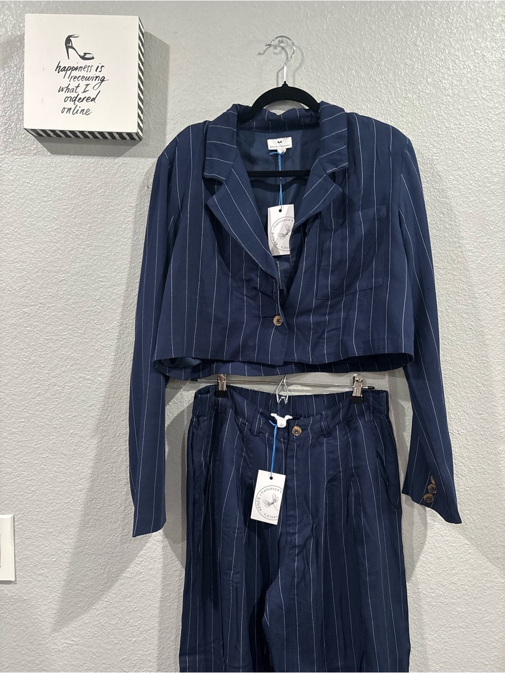 Kenzie + Francesca’s Navy Pinstripe Cropped Blazer & High-Rise Pants